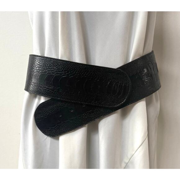 R Accessories - Genuine Ostrich Wide Leather Belt Womens Size Medium Dark Brown
